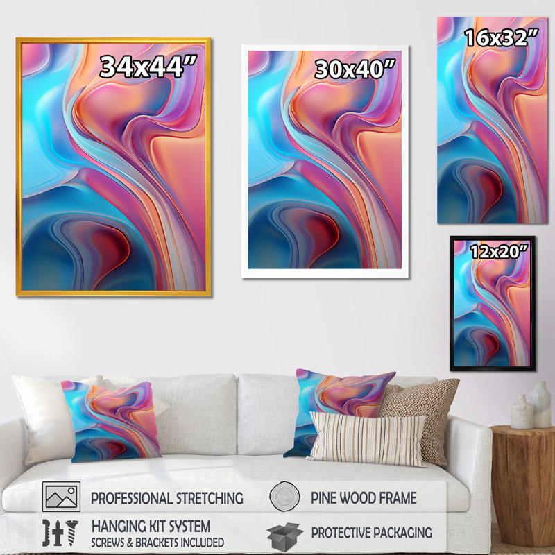 Toile transitionnelle rose et bleu I - art abstrait sur toile, Cadre flottant doré, H 32 po x l 16 po x P 1 po