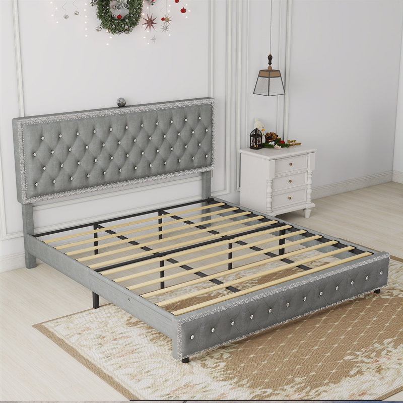 Lit rembourré avec bouton en losange, cadre de lit moderne avec projecteur Galaxy, pas de sommier tapissier et lattes de bois robustes sans bruit, polyuréthane
