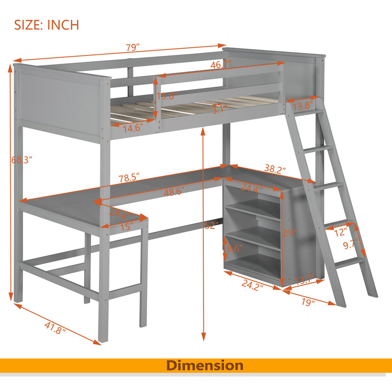 Lit mezzanine simple avec tablettes et bureau, lit mezzanine en bois avec bureau, Gris