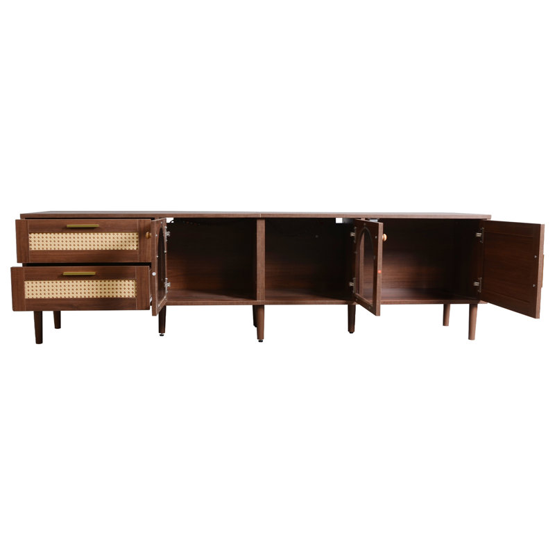 Rattan TV Stand With 3 Cabinets & 2 Drawers Media Console Table Tvs Up To 80'', LED Entertainment Center TV Cabinet