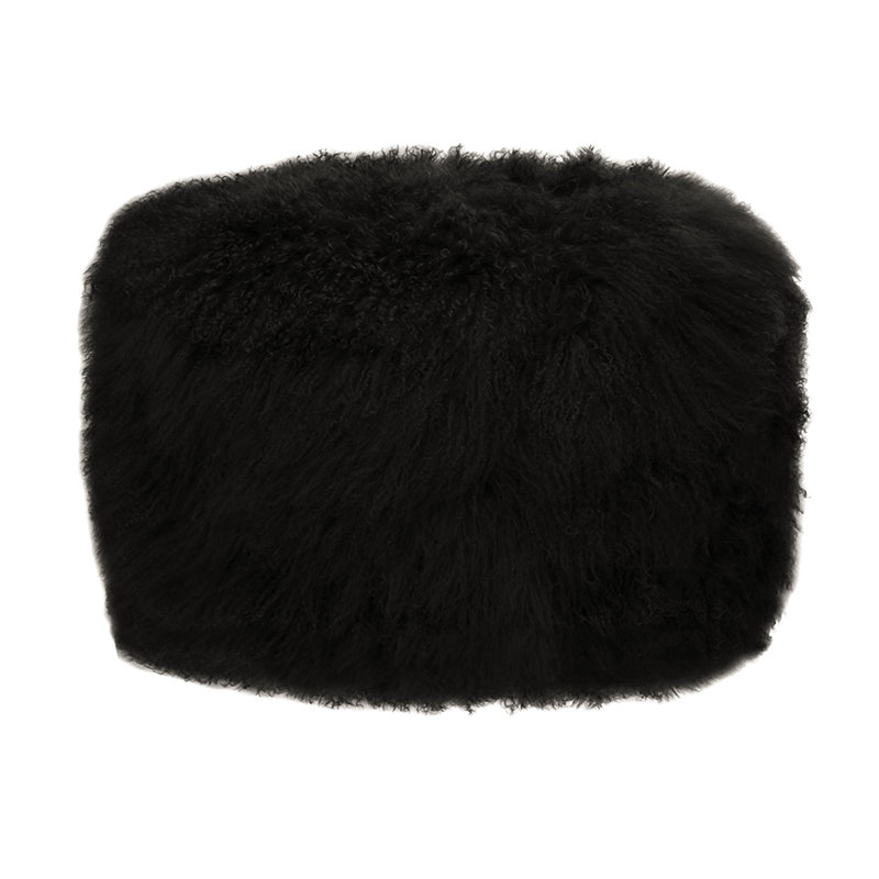 Round Tibetan Lamb Sheepskin Ottoman, 30" Diameter x 16" High, Black