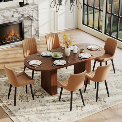Ensemble de table de salle à manger ovale en bois aggloméré 62,99 "avec chaises en cuir de polyuréthane 4/6, base en bois à piédestal, sièges 4-6 pour la cuisine et la salle à manger