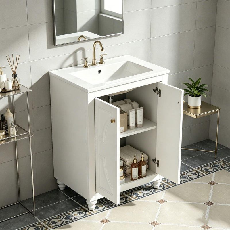 Meuble-lavabo moderne 24 po avec motif elliptique orné et charnières à fermeture douce, Blanc