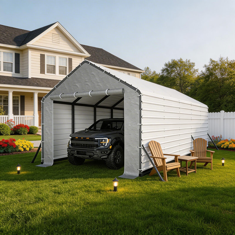 Metal Carport with Door Panels and Zippers for Outdoor, Beige, 114" H x 156" W x 5" D