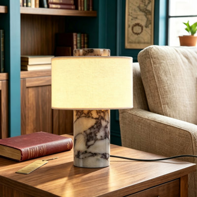 Lampe de table en marbre à contrôle tactile artistique avec abat-jour en tissu, lampe de chevet enfichable à 3 températures pour le salon, la chambre et la décoration intérieure