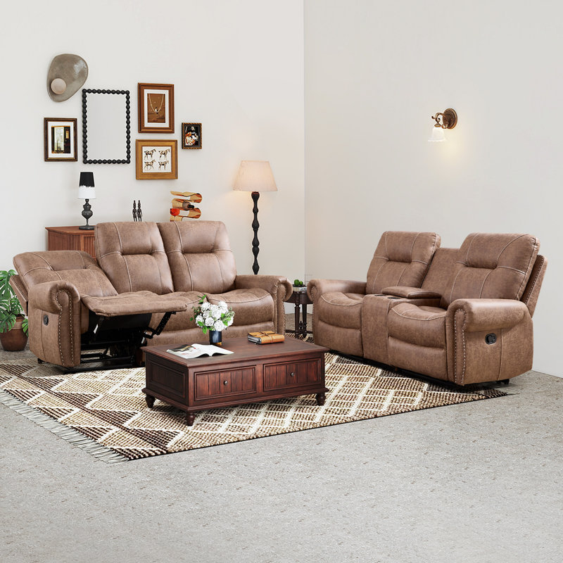 Manual Reclining Sofa And Loveseat Living Room Set, Vintage Brown