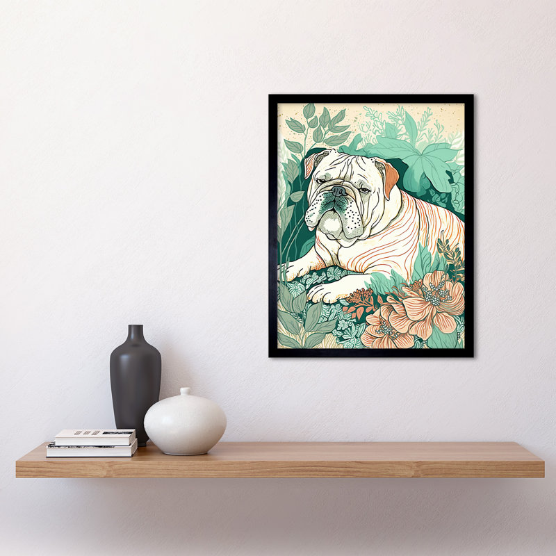 Bulldog Lying In A Flower Field Modern Pastel Colour Linocut - Single Picture Frame Print