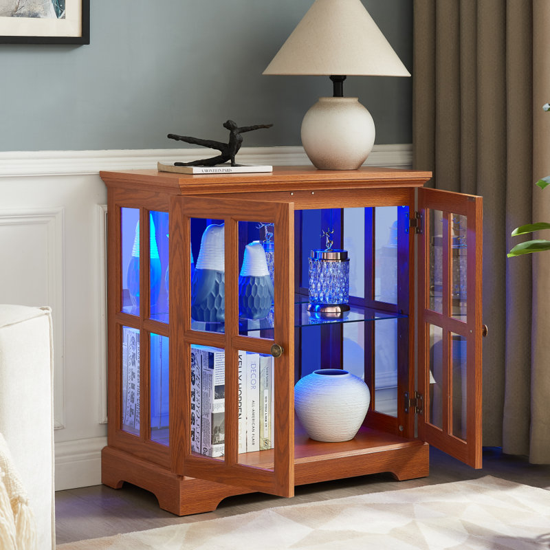32" Glass Display Cabinet with Smartphone-Controlled LED Lights, Sideboard Buffet Credenza with Glass Doors & Adjustable Shelves, Small Storage Cabinet for Collectibles, Living Room, Apartment