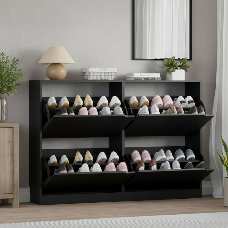 Étagère à chaussures étroite et dissimulée avec 4 tiroirs rabattables; Conception mince et autoportante; Polyvalent pour divers cas de figure.