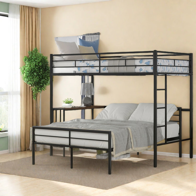 Space-saving Twin Over Full Metal Bunk Bed With Integrated Desk, Modern Design