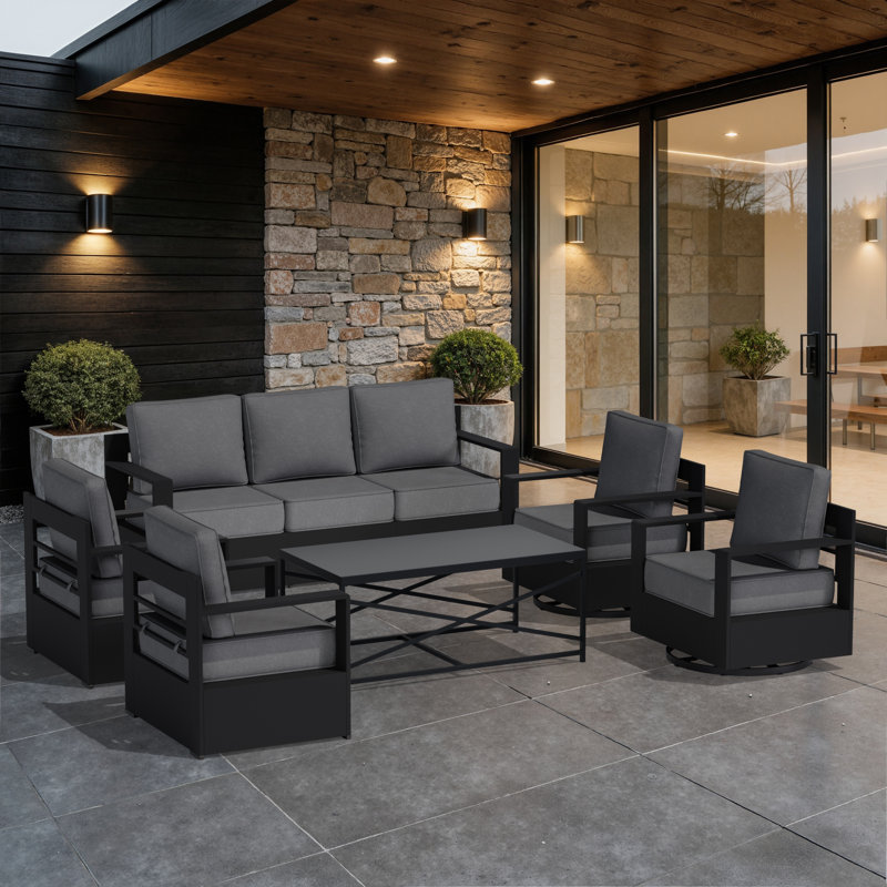 Abdullah 6-Piece Outdoor Aluminum Patio Conversation Set with 6 in. Dark Gray Cushions, Gray
