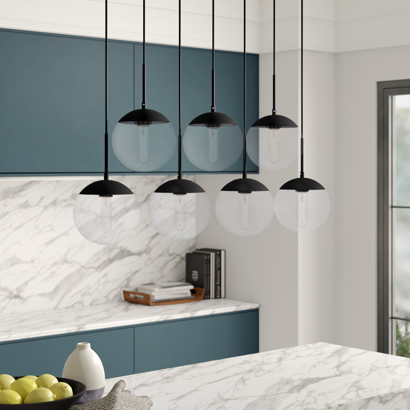 Luminaire suspendu en forme de globe à 7 lumières pour îlot de cuisine Yearby, Noir, Transparent