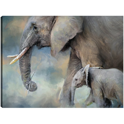 Elephant Family by Studio Arts, 18x24", Elephant Mother and Calf Wildlife Portrait Canvas Wall Art Print