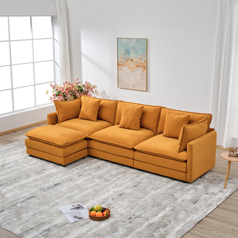 110.2" Chenille Three Seater Upholstered Sofa, Ottoman, Beige Chenille