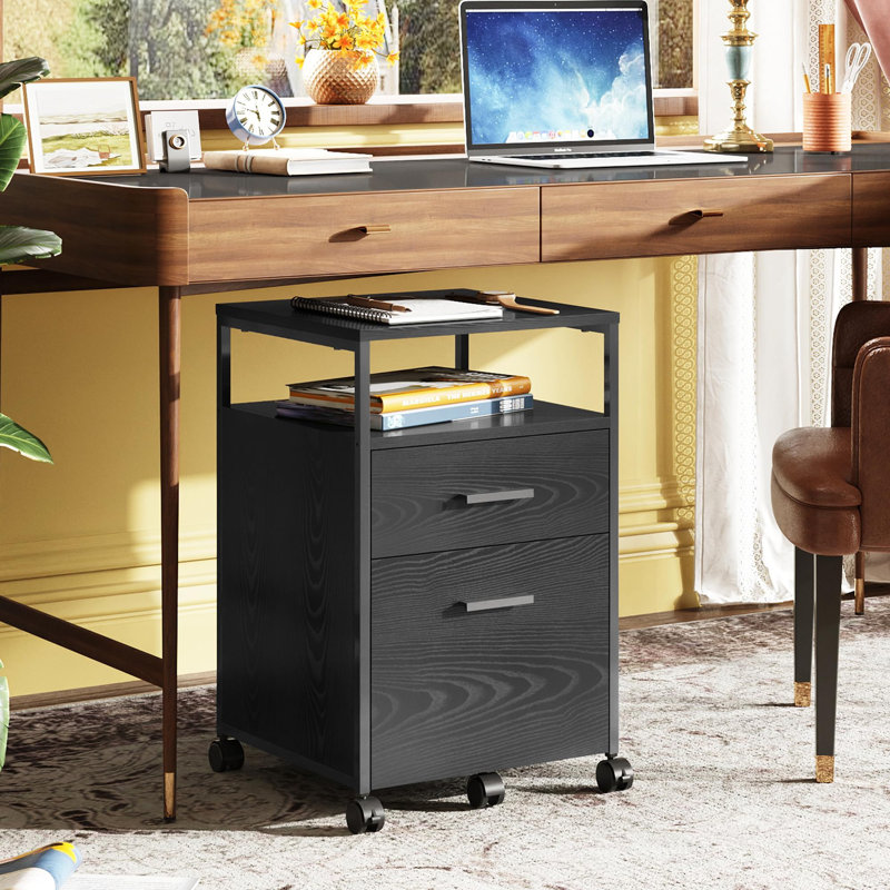  2-Drawer Rolling File Cabinet With Open Storage Shelf, Black Metal & Wood Design, Full-Extension Drawer For A4/Letter Files, 15.7"D X 16.2"W X 25.6"H, Ideal For Home & Office