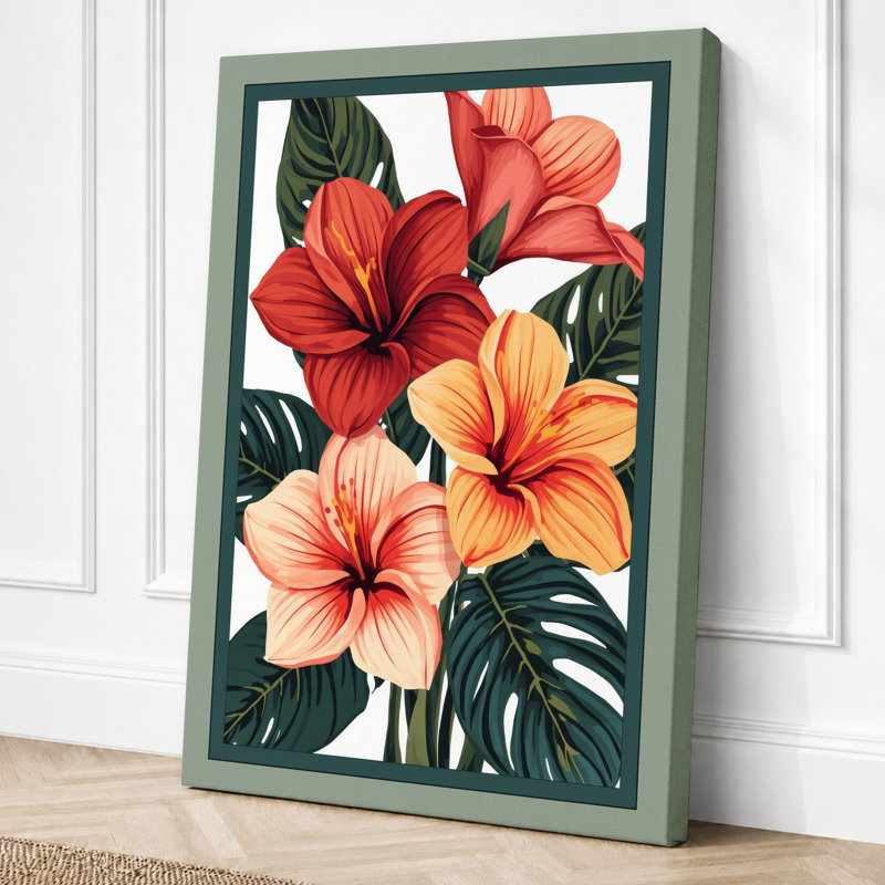 Hibiscus Cluster Botanical - Wrapped Canvas, 18x12 - 45.7 x 30.5 cm, Sage Border