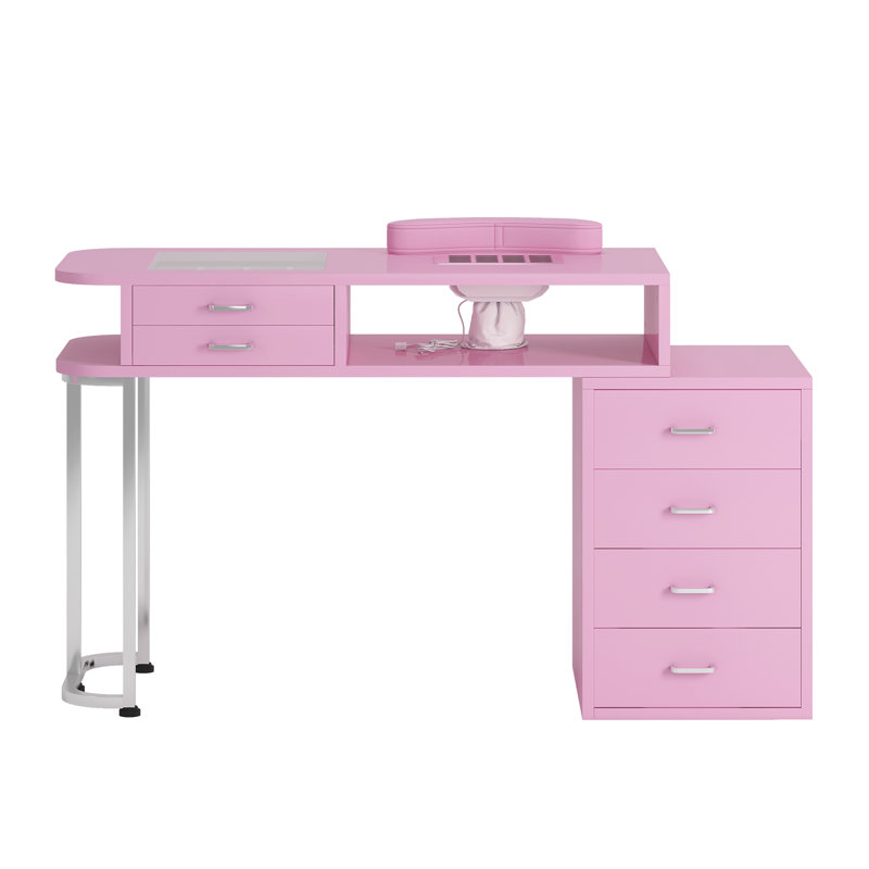 Manicure Nail Table For Nail Tech With Visible Display Desktop, Nail Workstation With Dust Collector, Wrist Cushion And 4 Large Drawers, Pink