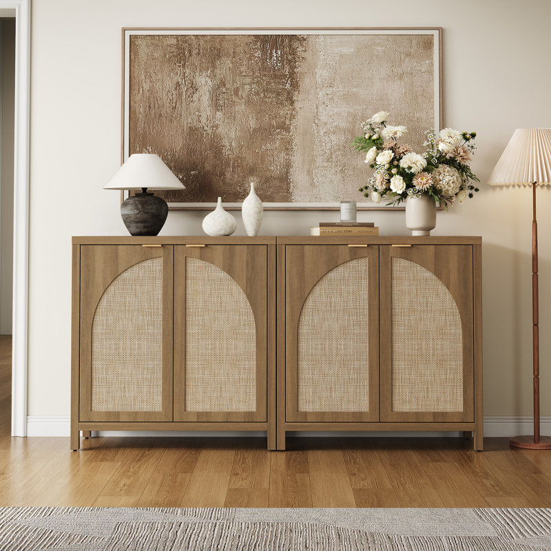 Boho - Buffet en rotin avec tablettes réglables, Chêne caramel, 3