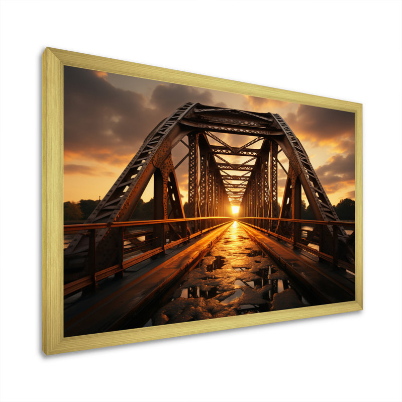 Pont jaune à l'aube II - reproduction d'art sur toile, H 30 po x l 40 po x P 1,5 po, Encadrement doré