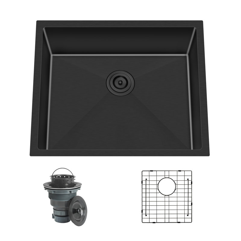Blenzia 23 Inch Black Undermount 16 Gauge 304 Stainless Steel Gunmetal Black Handmade Kitchen Sink with Strainer & Grid 23" x 18" x 9"