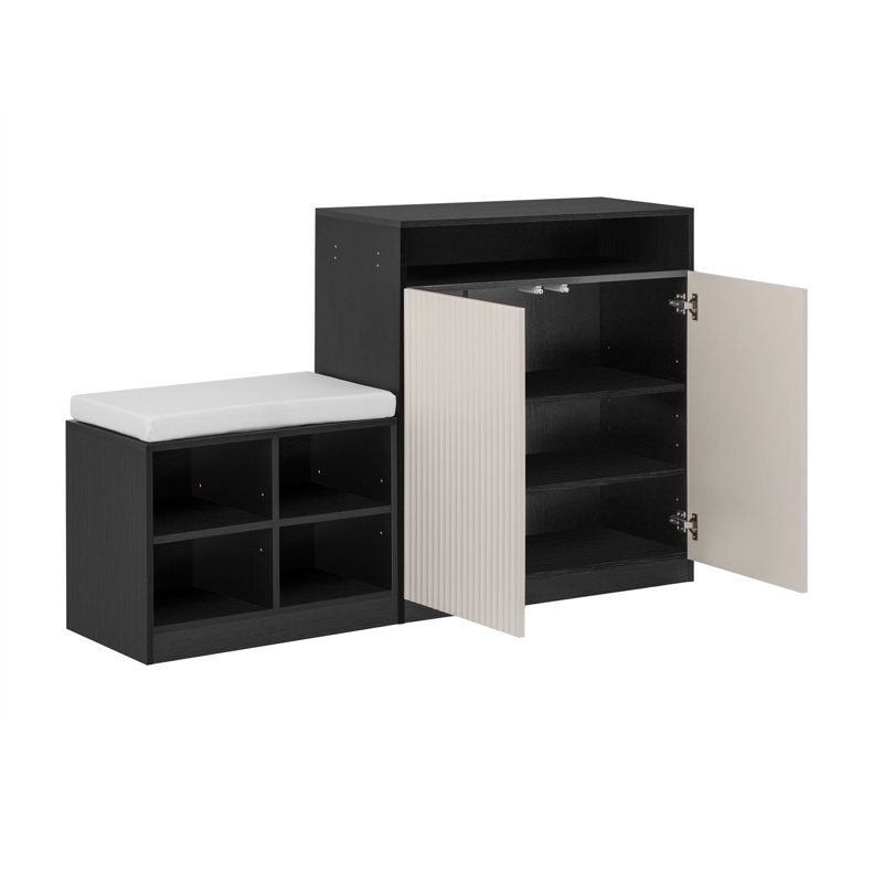 Wavelle Modern Living Room Cabinet with Shoe Bench and Adjustable Shelves, Black
