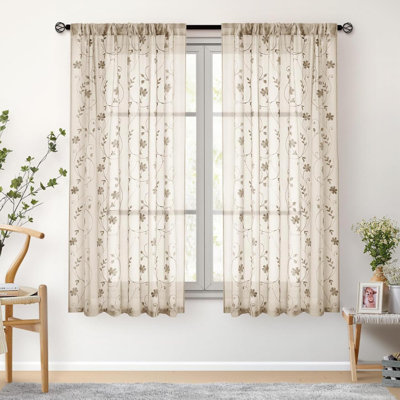 Curtains 2 Panels Embroidered Floral Pattern Semi Sheer Window Curtains For Bedroom Living Room