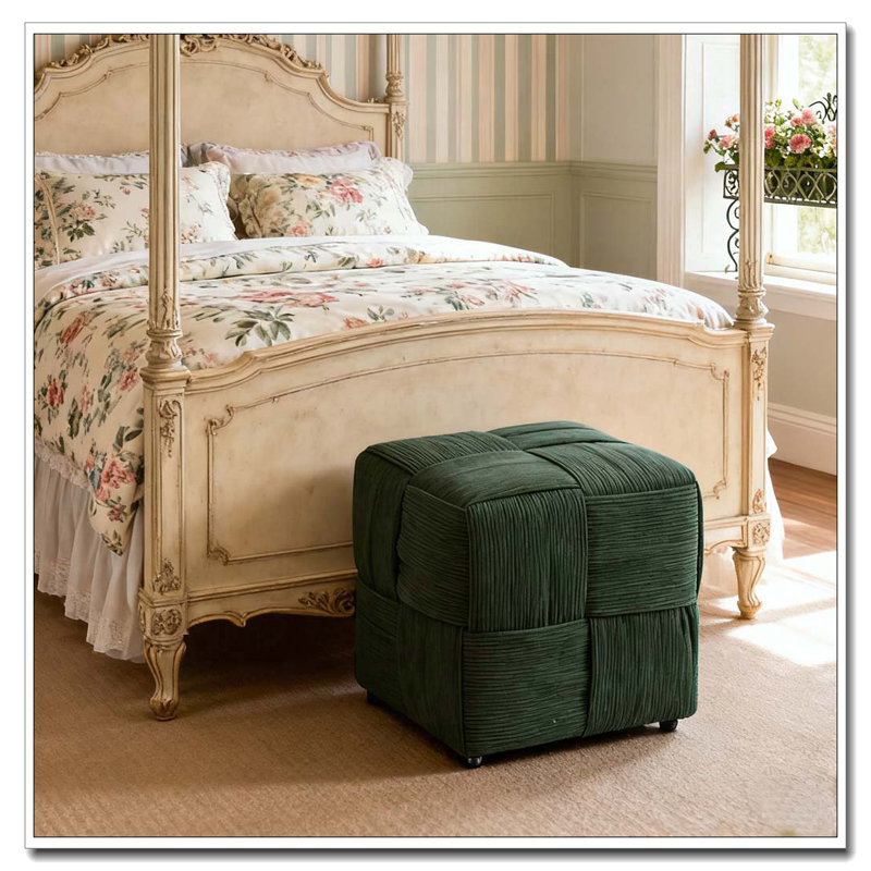 Square Corduroy Woven Design Ottoman, Green