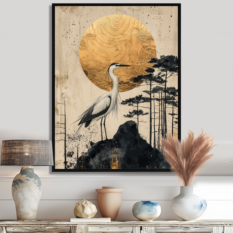 «Ayon Sunrise Heron In Golden Chinese Ink Landscape II - Heron», reproduction sur toile, H 32 po x l 24 po, Noir