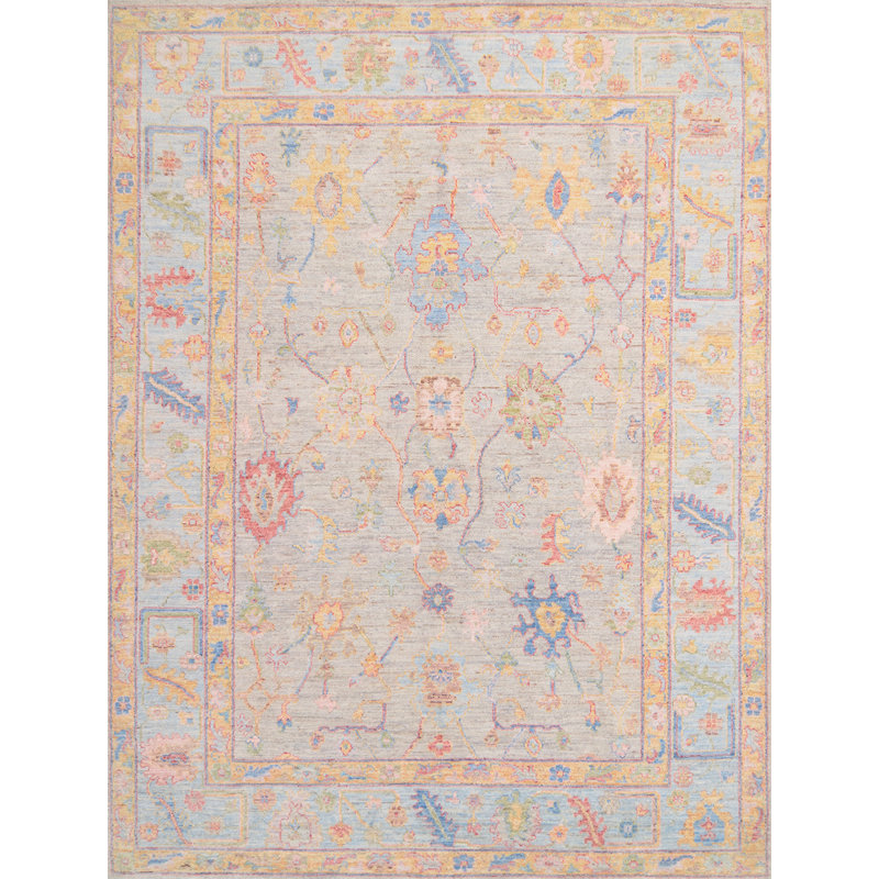 Tapis gris clair / bleu clair noué à la main de haute qualité