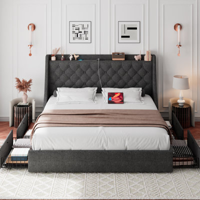  Cadre de grand lit avec 4 tiroirs de rangement, cadre de lit plateforme tapissier avec ports USB Type-C, tête de lit à oreilles, gris foncé