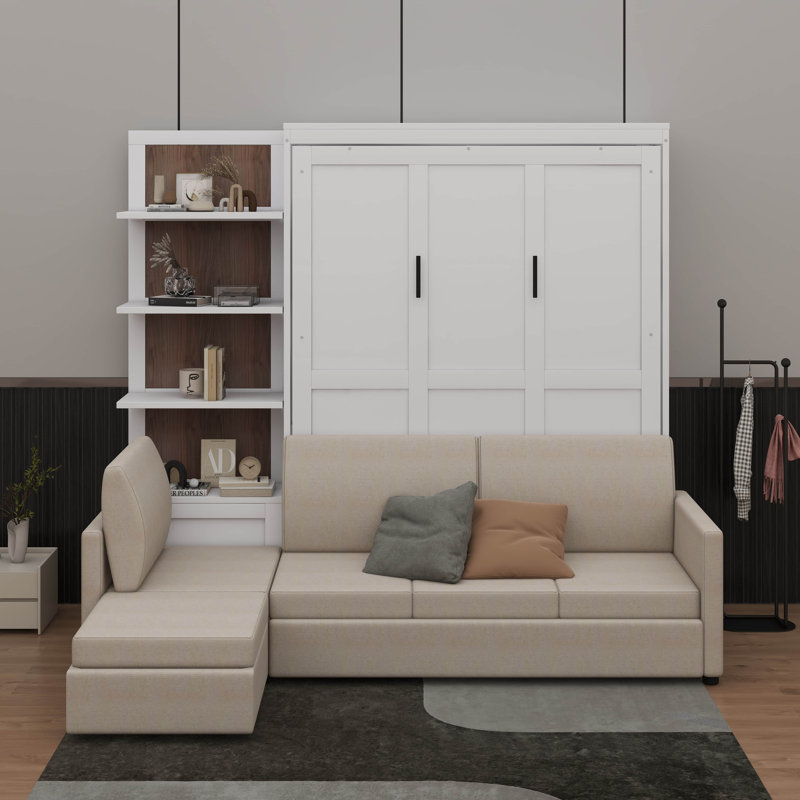 Grand lit escamotable avec canapé et unité de rangement, Blanc