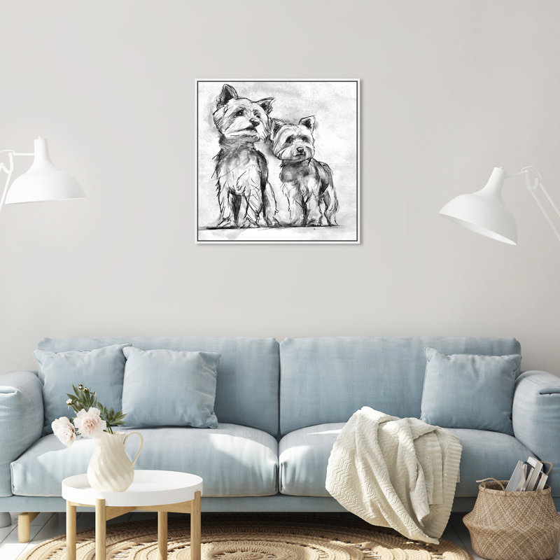 Animal de compagnie Yorkie croquis blanc moderne - cadre flottant sur toile, Cadre en plastique doré, H 25 po x l 25 po