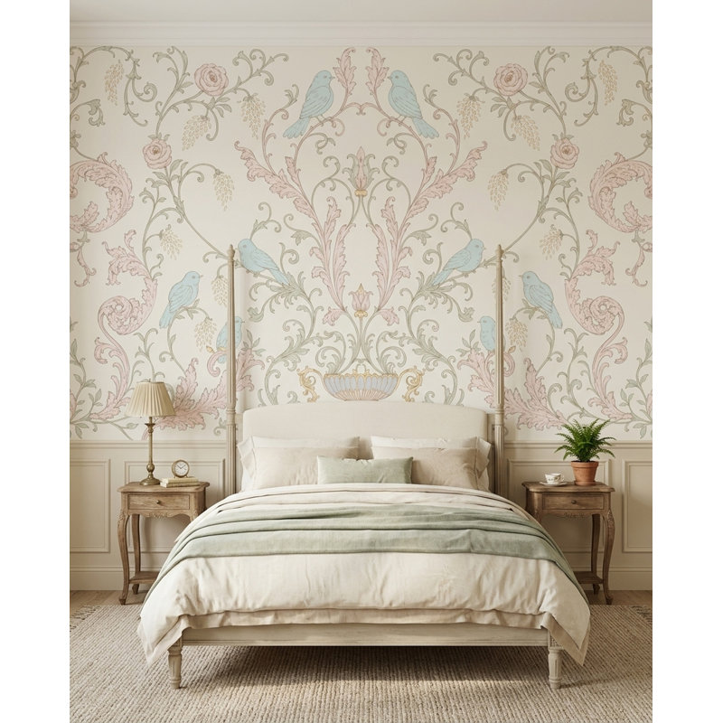 Papier peint damassé floral, 160"x108", Peler et coller