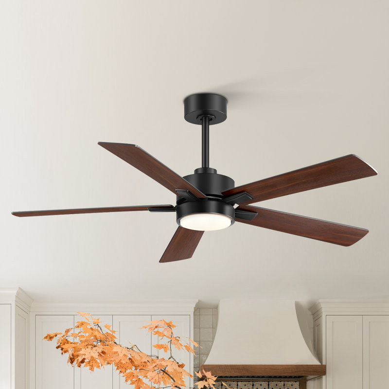 Rolanda 52" 5-inch Downrod Mount Ceiling Fan with Light Kit and Remote Control, Black with Walnut Blades