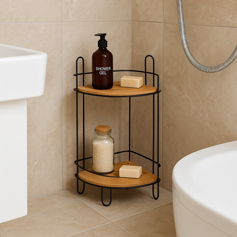 Tour de rangement en coin en bambou avec 2 tablettes, Brun / noir
