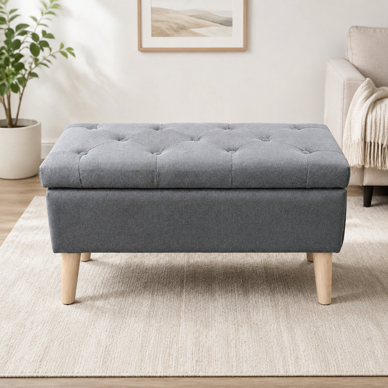 Banc de rangement avec repose-pieds avec revêtement en velours côtelé et pieds en bois