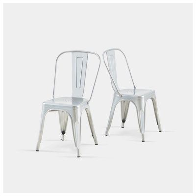 Set of 2 High Gloss Silver Industrial Metal Dining Chairs