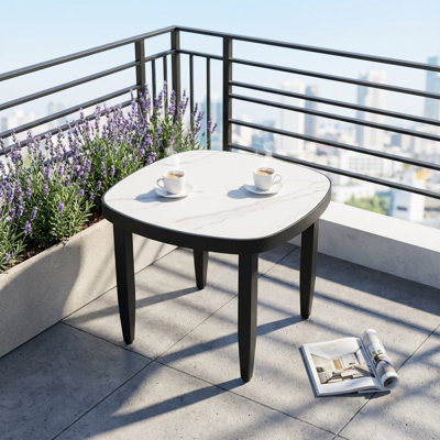 Contemporary Outdoor Side Table with Marble-Inspired Stone Top and Aluminum Frame