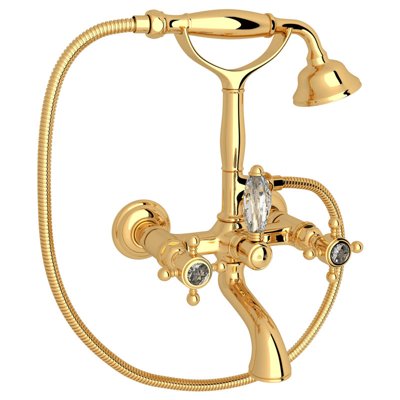 Country Exposed Wall Mount Tub Filler, Italian Brass, Metal Cross Handle