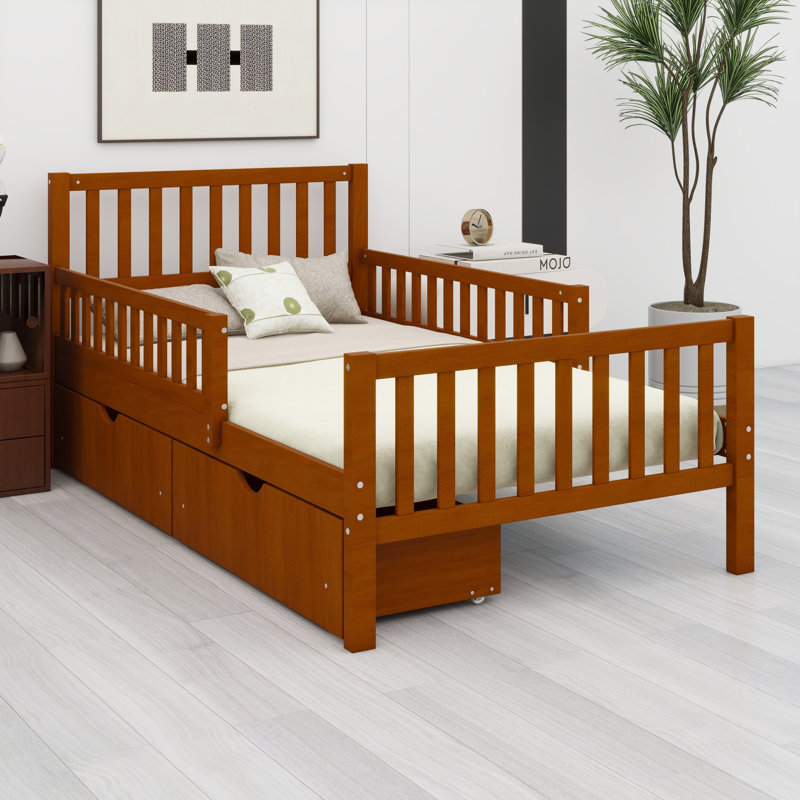 Lit plateforme en bois avec garde-corps des deux côtés et deux tiroirs de rangement, Lit simple