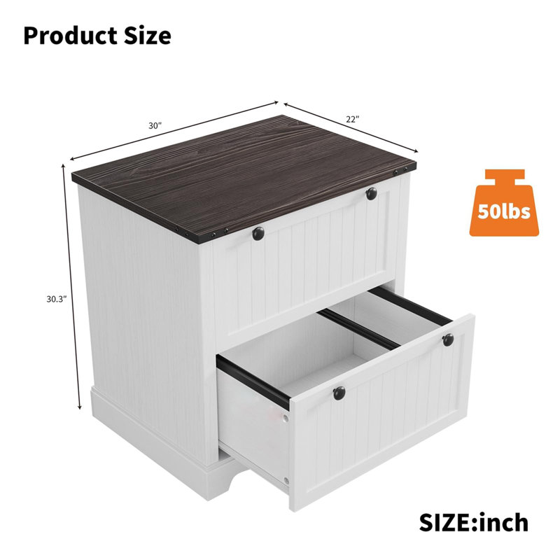 Classeur latéral 30 po avec 2 tiroirs, rangement pour dossiers en bois et support pour bureau personnel, Blanc