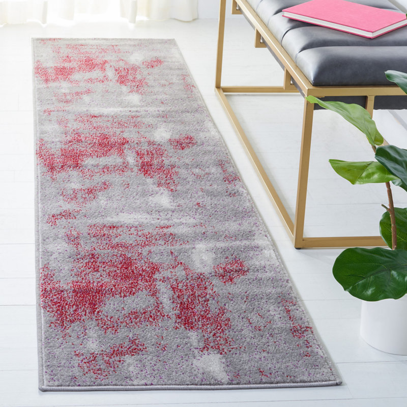 Tapis gris / rouge à motif abstrait, Tapis de couloir 2 pi x 8 pi