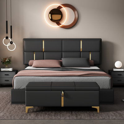 Ensemble de chambre à coucher 2 pièces, lit plateforme tapissier grand avec système de rangement hydraulique, repose-pieds avec pieds en métal