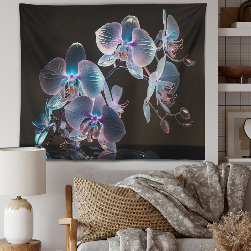 Orchidée en fleurs en mauve fluorescent et bleu - tapisserie murale orchidée florale, H 50 po x l 60 po