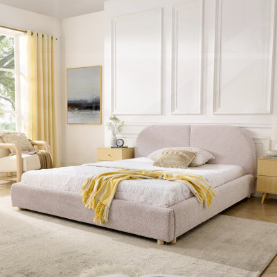 Structure de lit tapissier pour grand lit, style minimaliste moderne avec tête de lit haute incurvée, tissu en fil de cercle de qualité supérieure et support de pieds robuste, matelas non inclus