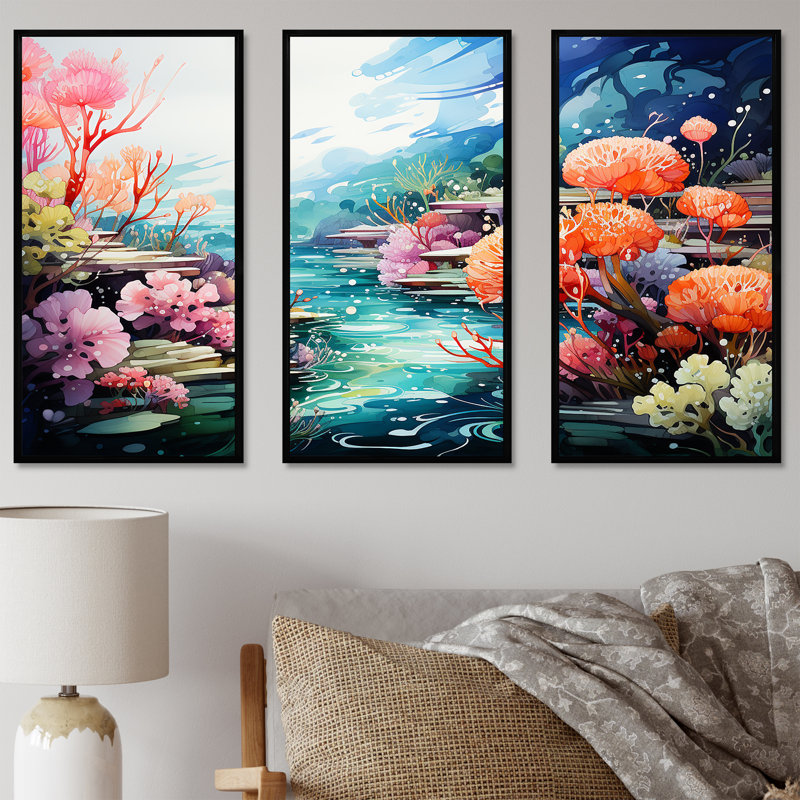 «Realistic Underwater Coral Garden III», art mural corail, Cadre flottant noir, H 32 po x l 48 po x P 1 po