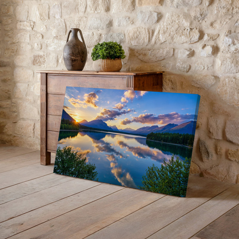 Toile, "Un paysage serein au lever du soleil", art mural reflétant un lac tranquille, H 30 po x l 40 po