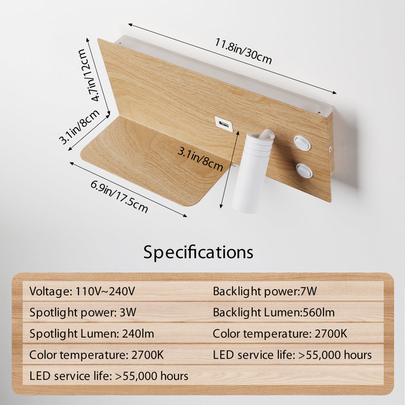 Modern Wood Led Plug In Wall Sconce With Shelf Mount Reading Lamp For Bedroom