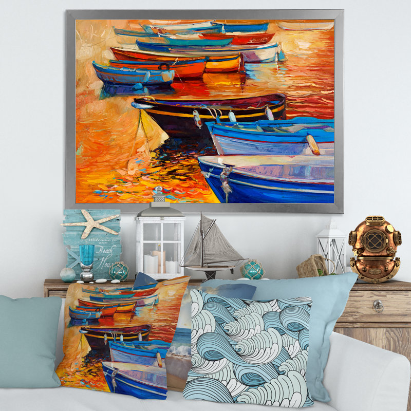 Bateaux dans le port au coucher du soleil chaud - Peinture sur toile, H 24 po x l 32 po x P 1 po, Encadrement argenté