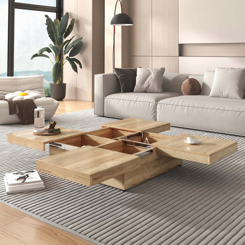 Table basse carrée avec plateau de rangement coulissant - grain de bois naturel, 39,4 po